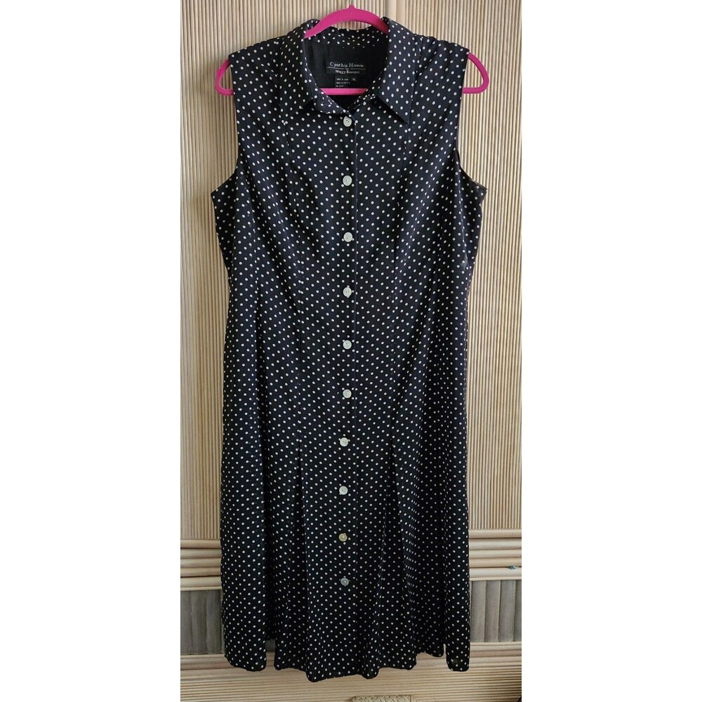 Cynthia Howie Women's 16 Dress Black & White Polka Dots Button Front Lined